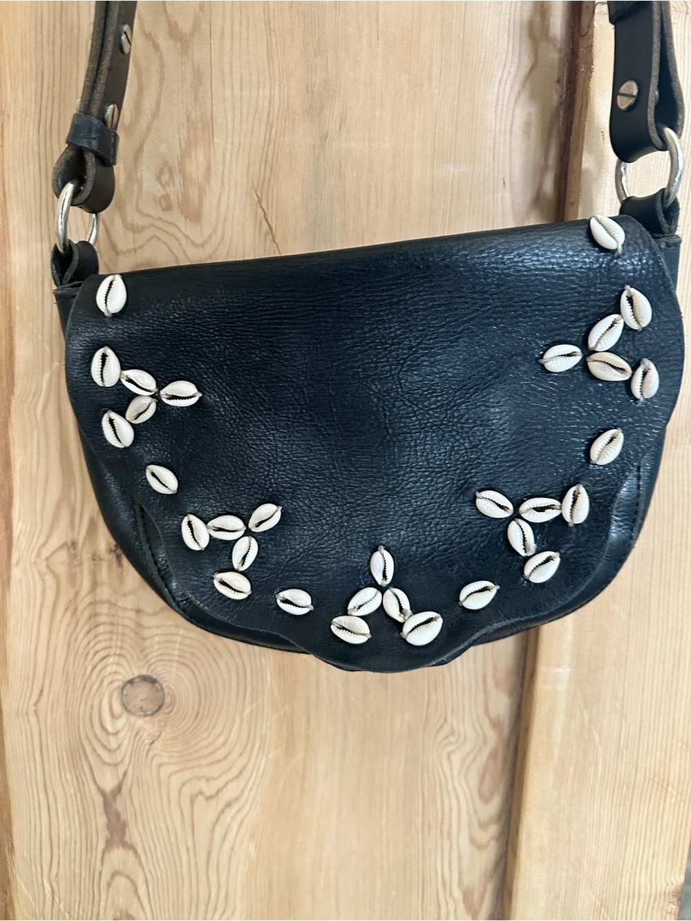 Tylie Malibu Black Leather Crossbody with Shell Embellishments